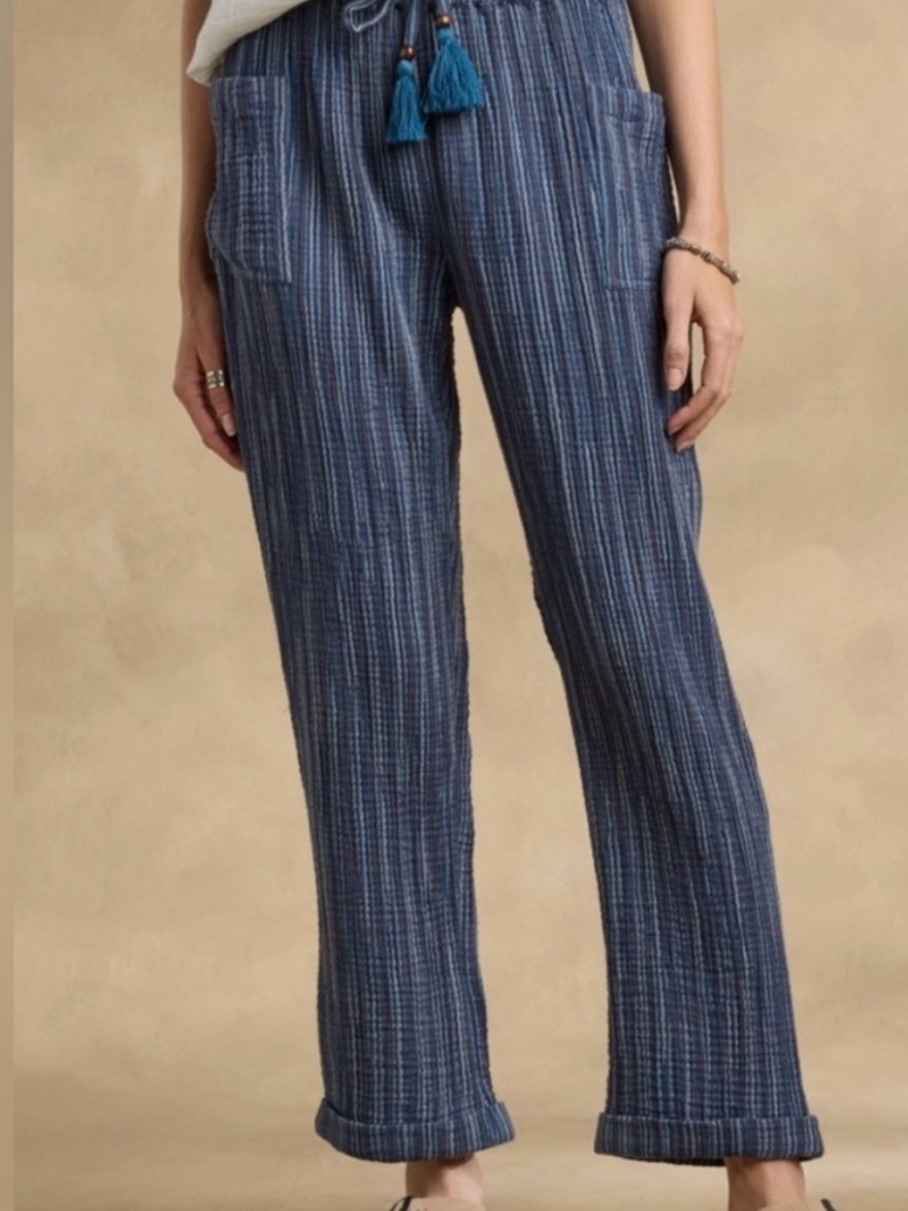 Sundance Navy & Blue Multi-Striped Drawstring Ankle Pants